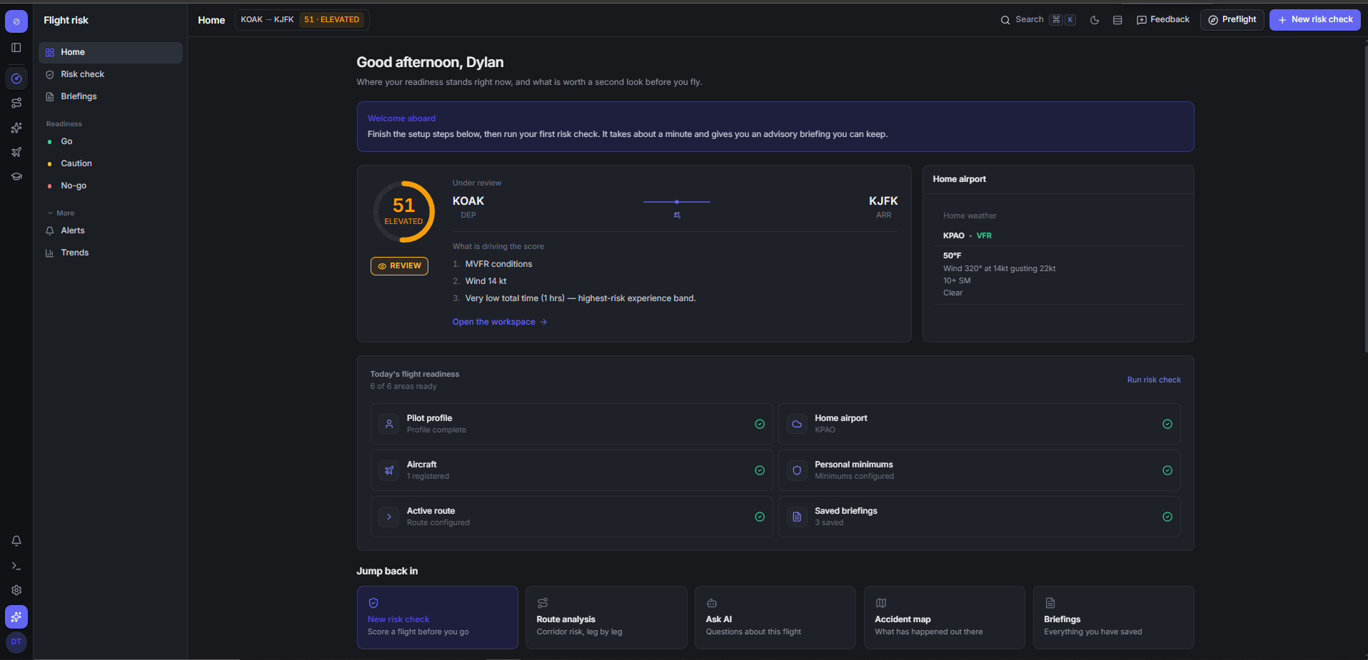 The FlyNook home dashboard: an elevated risk score of 51 for a KOAK to KJFK flight, the factors driving it, six readiness areas all green, and home airport weather